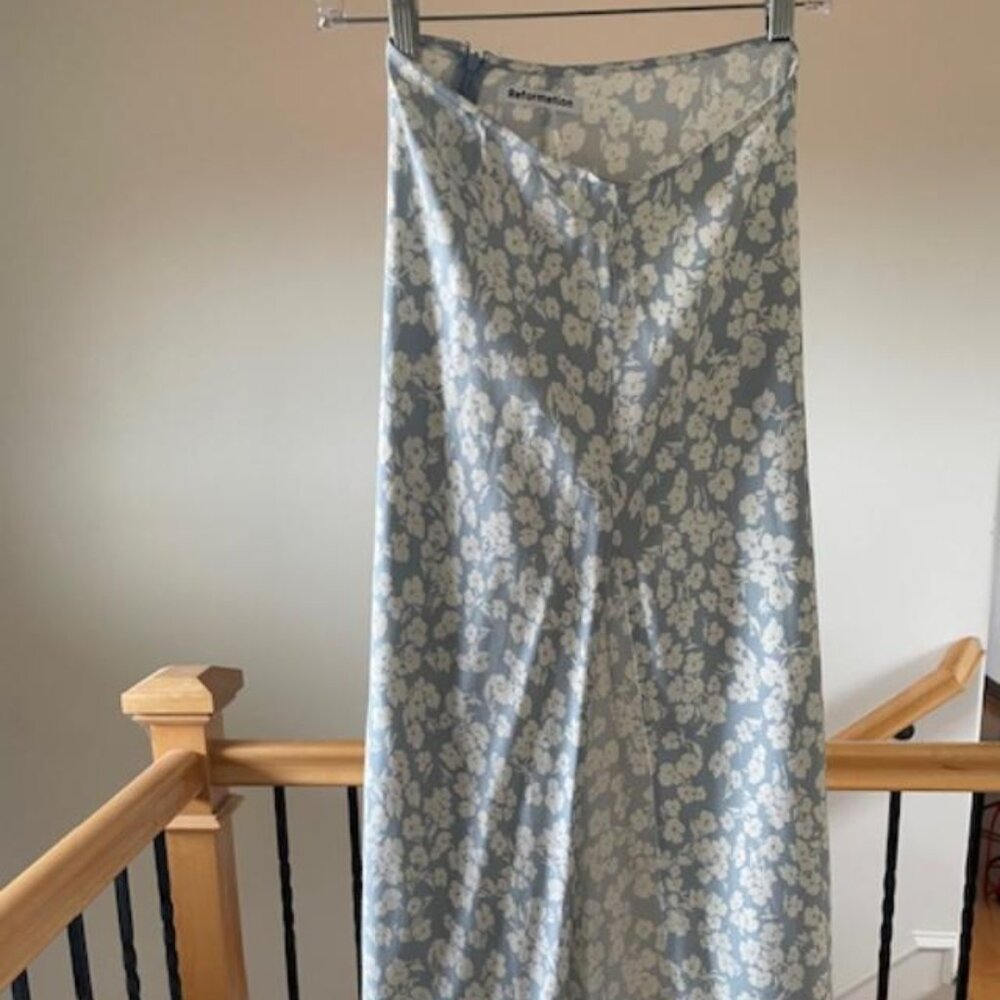 Reformation Nori Blue and White Floral Maxi Skirt with Slit